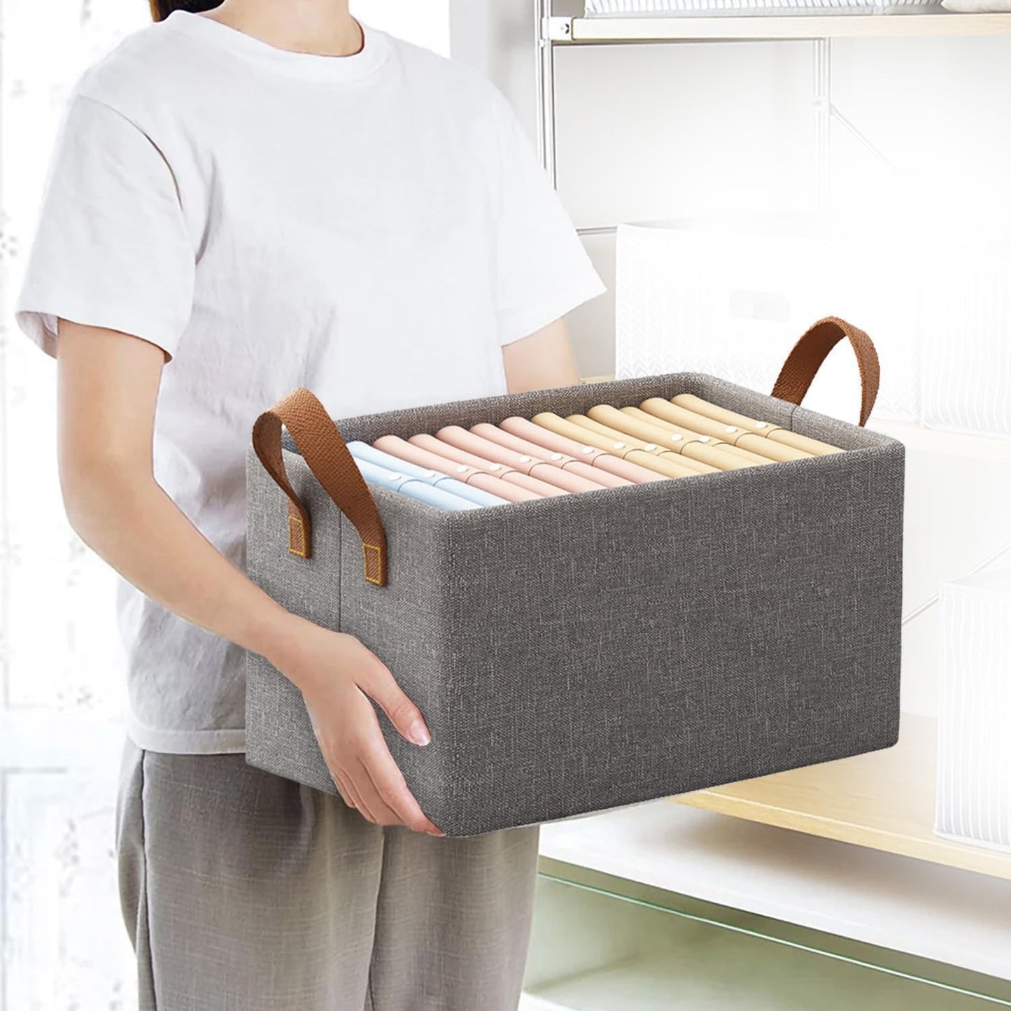 ANSHI Wardrobe Organizer for Clothes – Metal Frame Rectangle Storage Baskets for Closet, Shelf, Bedroom & Laundry | Foldable Fabric Bins for Clothing, Towels, Toys & Accessories (5)